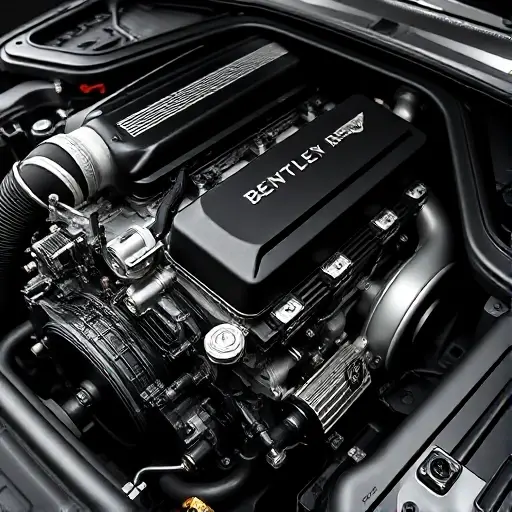 A detailed, high-quality image of a Bentley Continental GT 4.0L V8 Twin Turbo 507 engine undergoing repair. The engine should be partially disassembled, showcasing the complex components. Focus on precision mechanics and high-end engineering.
