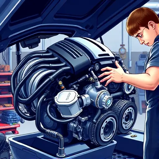 A detailed illustration of a BMW X3 2.0L 252 hp engine repair being performed by a mechanic in a well-lit garage. Focus on the engine components, tools, and the mechanic's hands working on the engine.