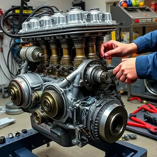A detailed, close-up view of a Bristol Fighter 8.0 L V10 engine during repair, showing the engine block, pistons, crankshaft, and a mechanic’s hands holding a wrench, with tools and engine parts scattered around, all in a clean, well-lit garage setting, no text or digits visible