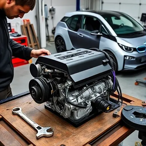 A detailed workshop scene showing a mechanic repairing the 0.65 L R2 engine of a BMW i3 Range Extender, with the engine block exposed, tools such as wrenches and a torque wrench, a workbench, and a BMW i3 car in the background