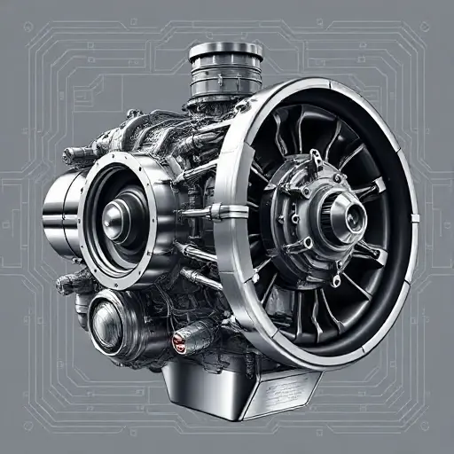 A detailed illustration of a high-performance Bristol Fighter aircraft engine, 8.0 L V10, 650 horsepower, showing intricate mechanical components, polished metal surfaces, and realistic textures, set against a clean technical background