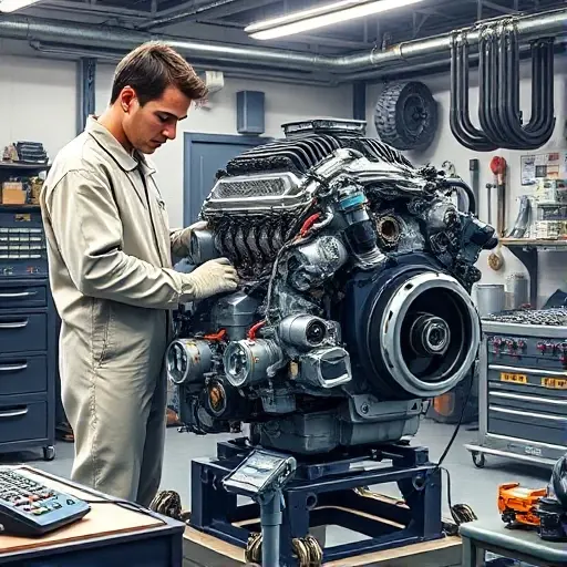A detailed, realistic illustration of a skilled mechanic performing a comprehensive overhaul of a Bentley Flying Spur V6 2.9 PHEV engine in a clean, well‑lit workshop. The scene shows the engine block on a service stand, surrounded by precision tools, diagnostic equipment, and replacement components such as pistons, valves, and wiring harnesses. The mechanic, wearing a neutral coverall and gloves, is focused on the engine, with subtle reflections on metal surfaces and a subtle hint of the car’s