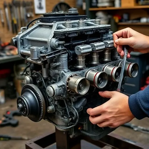 A detailed close-up of a Bristol Fighter 8.0 L V10 engine disassembled for repair, showing the engine block, cylinder heads, pistons, and a mechanic’s hands holding a wrench, with a workshop background and tools scattered around, all in a realistic style
