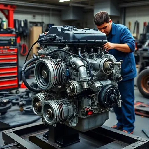 A detailed workshop scene showing a mechanic repairing the 1.5T engine of a Denza N8 PHEV, with visible engine block, pistons, and electric motor components, surrounded by tools and a car chassis, all in a realistic style.