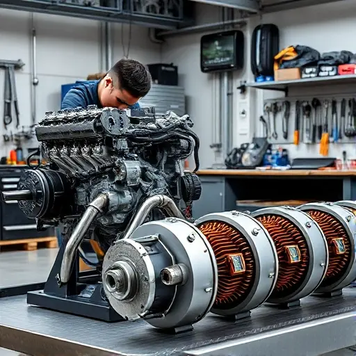 A detailed workshop scene showing a skilled mechanic in a clean, well-lit garage, carefully disassembling a BYD Song DM i 1.5T engine. The engine block is partially exposed, with visible pistons, crankshaft, and cylinder heads. Nearby, a set of high‑performance electric motors rated at 300 hp are displayed on a workbench, their sleek aluminum housings and copper windings clearly visible. The background includes neatly organized tools, a workbench with a small toolbox, and a subtle hint of a car chassis frame. The overall composition emphasizes precision, technical expertise, and the blend of internal combustion and electric powertrain components, all rendered in a realistic, high‑resolution style.