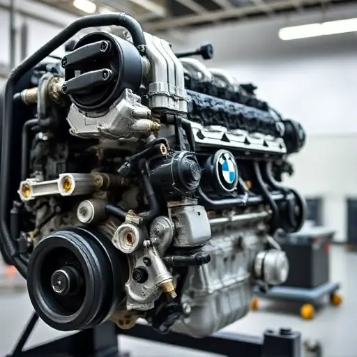 A detailed, high-quality image of a BMW M8 G15 4.4 V8 625 hp engine undergoing repair. The engine should be partially disassembled, showcasing the internal components. Focus on the mechanics and tools involved in the repair process. The background should be a clean, well-lit workshop environment.
