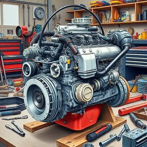 A detailed illustration of a GAZель NEXT 2.8L engine undergoing a major repair. The engine should be partially disassembled, revealing internal components. Focus on the repair process, with tools and parts scattered around. The background should be a workshop setting with various automotive tools and equipment.