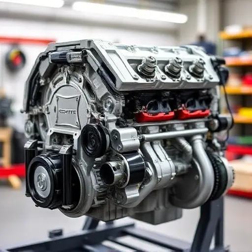 A detailed, high-quality image of a Chevrolet Corvette C6 6.2 V8 LS3 engine undergoing a major repair. The engine should be partially disassembled, revealing the internal components. Focus on the engine block, cylinder heads, and visible repair work. The background should be a clean, well-lit workshop environment.