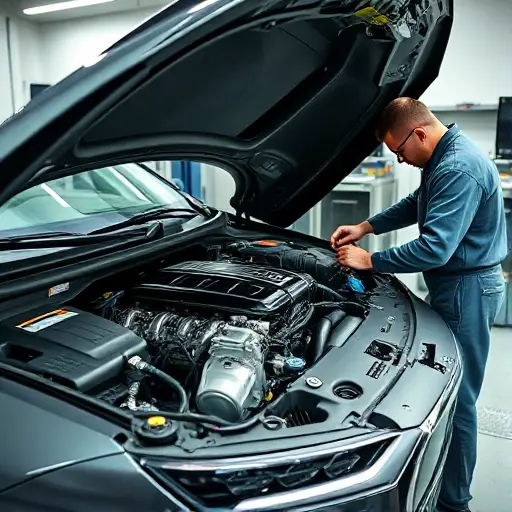 A professional mechanic in a clean workshop is carefully disassembling and inspecting the hybrid engine of a DS 9 PHEV, with the car's hood open to reveal the intricate powertrain components, diagnostic tools and a sleek, modern service environment. The focus is on the engine parts, wiring, and the precision work being performed, captured in a realistic yet compact high-quality style.