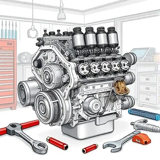 A detailed illustration of a Fiat Panda 1.2 L engine undergoing a major repair. The engine should be partially disassembled, showing various components like pistons, valves, and connecting rods. Tools such as wrenches, screwdrivers, and diagnostic equipment should be visible around the engine. The background should be a clean, well-lit workshop environment.