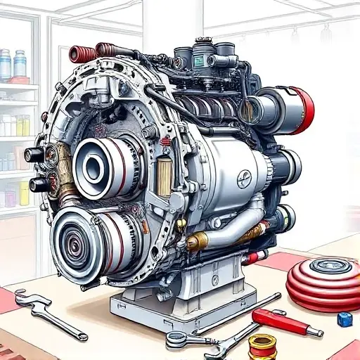 A detailed illustration of a Dacia Duster 1.5 dCi 90 engine undergoing a major repair. The engine should be shown partially disassembled, revealing internal components like pistons, cylinders, and the turbocharger. Tools such as wrenches, screwdrivers, and diagnostic equipment should be present around the engine. The background should be a clean, well-lit workshop environment.