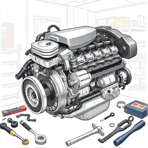 A detailed illustration of a BMW 3er G20 2.0L 156 hp engine undergoing repair. The engine should be partially disassembled, showing various components like the engine block, pistons, and connecting rods. Tools such as wrenches, screwdrivers, and diagnostic equipment should be present around the engine. The background should be a clean, well-lit workshop environment.
