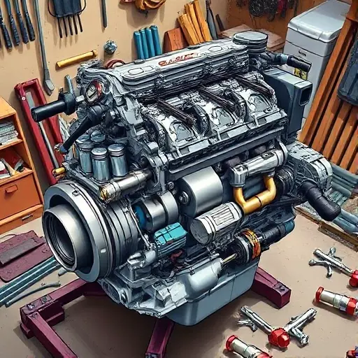 A detailed illustration of a disassembled Alfa Romeo Junior 1.2 Hybrid 136 engine, showcasing the various components and parts. Focus on the engine block, pistons, connecting rods, crankshaft, and hybrid system elements. The engine should be presented in a workshop setting with tools and parts scattered around.