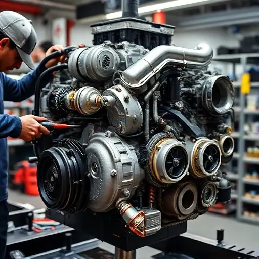 A detailed, high-quality image of a Cupra Formentor 2.0 TSI 190 hp engine undergoing a major repair. Focus on the engine block, turbocharger, and surrounding components. Show tools and technicians working on the engine. The scene should be well-lit in a workshop environment.