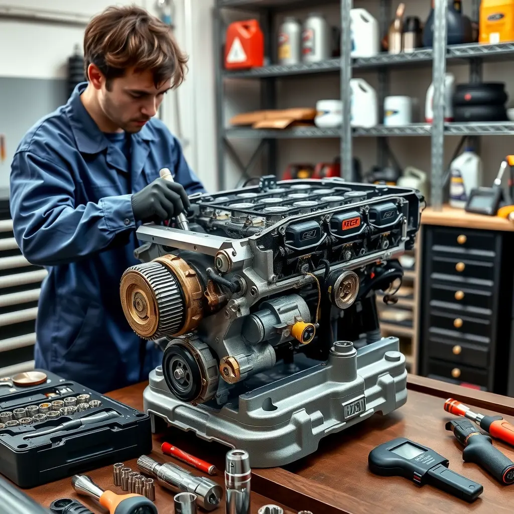 A detailed, realistic scene of a mechanic in a garage repairing a Geo Tracker 1.6L 80 hp engine from 1989-1998. The engine is partially disassembled on a workbench, with visible pistons, camshaft, and spark plugs. The mechanic, wearing a blue jumpsuit and gloves, is using a wrench on the engine block. Surrounding tools include a socket set, torque wrench, and diagnostic scanner. The garage has a clean, well-lit atmosphere with metal shelves and oil cans in the background.