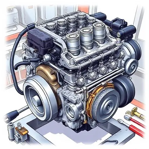 A detailed illustration of an Audi A1 1.0 TFSI engine undergoing a major repair. Focus on the engine block, pistons, valves, and related components. Show tools and parts commonly used in engine repair, such as wrenches, screwdrivers, and diagnostic equipment. The scene should be in a well-lit workshop environment.