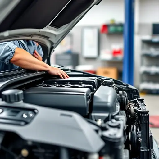 A mechanic is working on the engine of an Audi A1 1.6 TDI. The engine is exposed, showing the internal components. The mechanic is wearing a uniform and using tools. The background is a clean and organized auto repair shop. Focus on the engine and the mechanic's hands working on it.