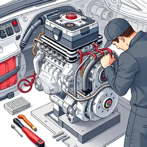 A detailed illustration of an Abarth 695 1.4 T Jet engine repair process. Focus on the engine components, tools, and a mechanic working on the engine. The scene should be well-lit and show precision.
