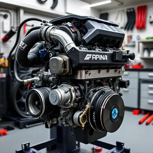A high-performance diesel engine labeled Alpina XD3 3.0 R6 Quad Turbo 333 hp, shown in a clean technical workshop setting with tools and engine components neatly arranged, emphasizing precision and engineering excellence