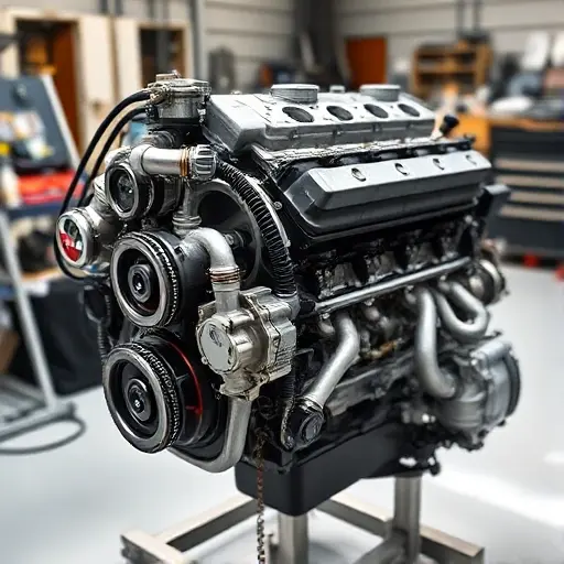 A detailed, high-quality image of a BMW 8er E31 5.0 V12 engine undergoing repair. The engine should be partially disassembled, revealing intricate components. Focus on the engine block, cylinder head, and associated parts. The background should be a clean, well-lit workshop environment.