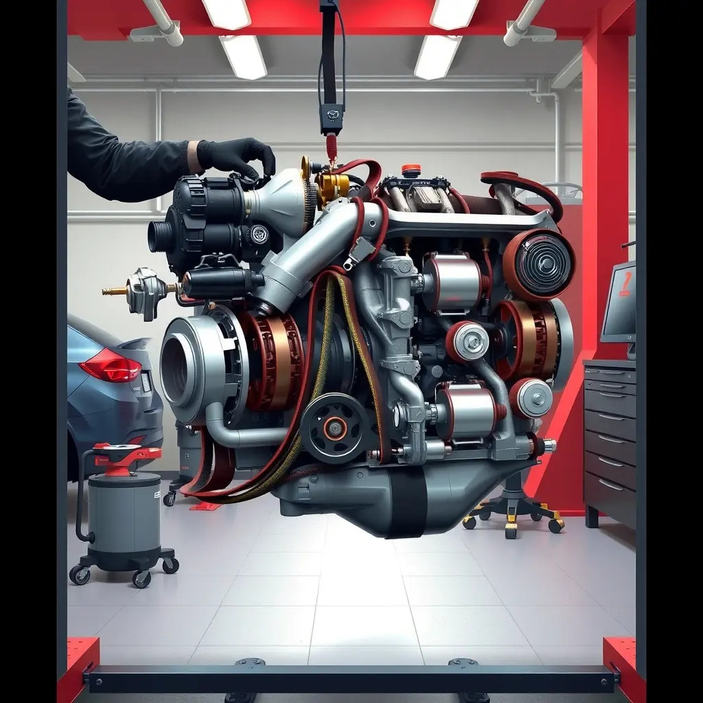 A detailed, high-resolution illustration of a mechanic performing a major engine overhaul on a Mazda CX-5 2.5 Skyactiv G (194 hp). The scene shows the engine block on a lift, with various components such as pistons, crankshaft, and timing belt partially disassembled, surrounded by professional automotive tools and a clean garage environment. Emphasize realistic textures, metallic shine, and precise mechanical details.