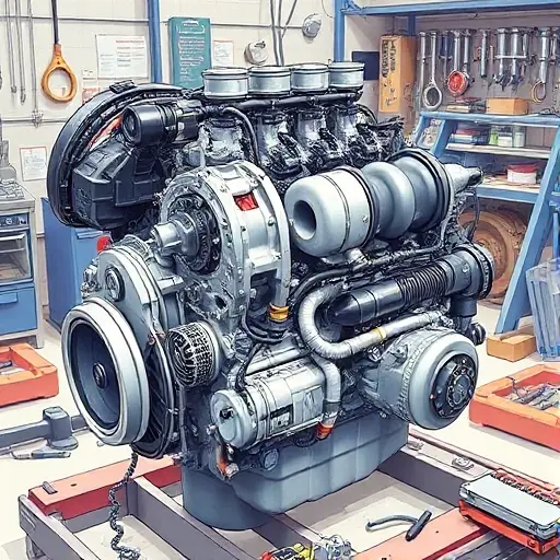 A detailed illustration of a FAW Bestune B70 2.0 Turbo engine undergoing a major repair. The engine should be shown with visible components, tools, and technicians working on it. Focus on the engine block, turbocharger, and surrounding parts. The scene should be in a workshop setting with tools and equipment scattered around.