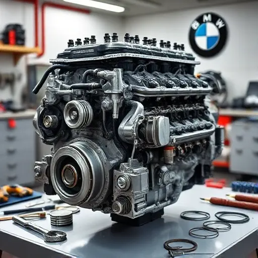 A detailed close-up of a BMW E34 1.8L engine (M40B18) undergoing major repair, showing disassembled components like pistons, crankshaft, cylinder head, and gaskets laid out on a clean workbench with tools, soft workshop lighting, and a faint BMW logo in the background, realistic mechanical detail, no text or labels
