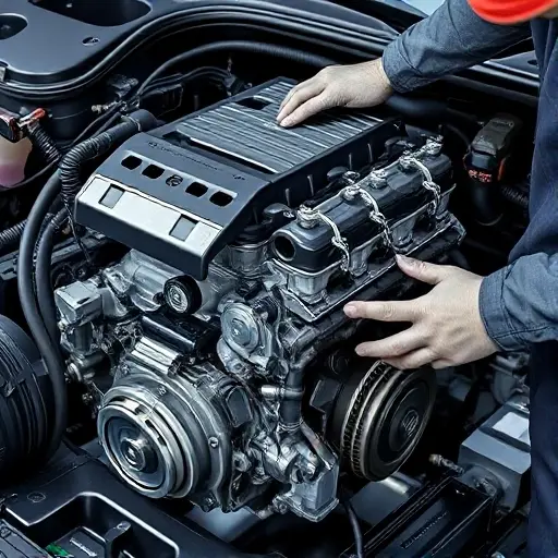 depict a mechanic repairing the BYD Qin PHEV 1.5T engine, showing the engine block, electric motors, and tools, with a focus on technical detail and realism