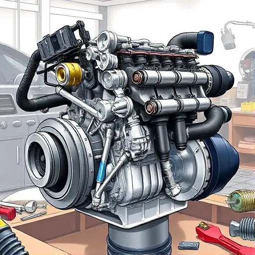 A detailed illustration of a Chrysler PT Cruiser 2.4L engine undergoing a major repair. The engine should be partially disassembled, revealing various components like pistons, valves, and connecting rods. Tools such as wrenches, screwdrivers, and diagnostic equipment should be visible around the engine. The background should be a clean, well-lit workshop environment.