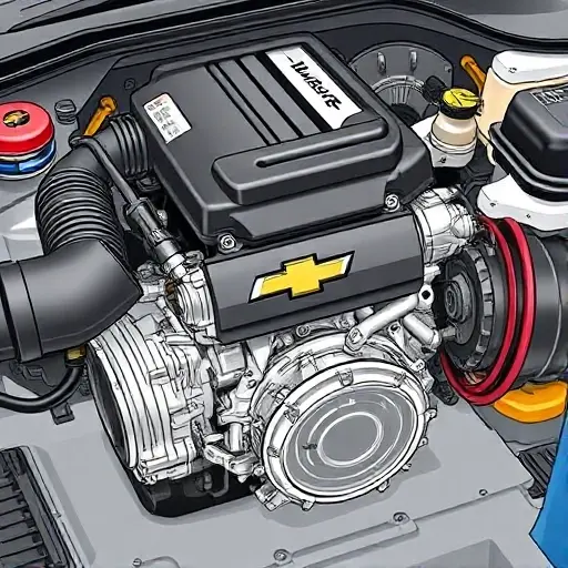 A detailed illustration of a Chevrolet Traverse 3.6 V6 engine undergoing a major repair. Focus on the engine block, visible components, and tools being used. The scene should depict mechanics working on the engine.