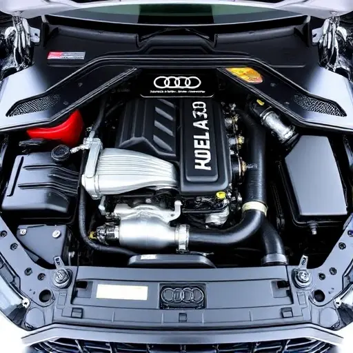 A detailed, high-quality image of the engine bay of a 2016-2020 Audi SQ7 TDI 435 hp. Focus on the engine components, highlighting the turbocharger, exhaust system, and other key parts. The engine should be clean and well-maintained.