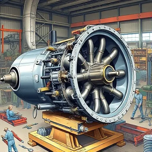 A detailed illustration of a Bristol Blenheim aircraft engine undergoing a major overhaul. The engine should be prominently displayed, showcasing various components like cylinders, pistons, and connecting rods. Tools and technicians working on the engine should be visible in the background, suggesting the repair process. Focus on mechanical precision and intricate details.
