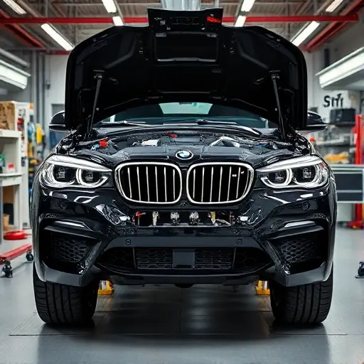 A high-detail image of a BMW X6M with a 4.4L V8 engine, 625 horsepower, undergoing a major overhaul in a professional automotive workshop, showing mechanics working on the engine, tools and parts visible, realistic lighting, clean and organized garage environment