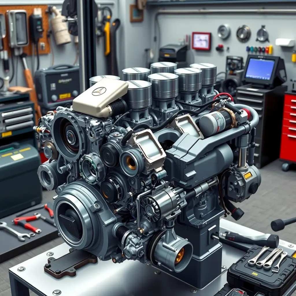 A detailed, high‑resolution illustration of a Mercedes‑Benz C 200 2.0 Turbo MHEV engine undergoing a complete overhaul in a professional workshop. The scene shows the engine block opened, with pistons, turbocharger, and hybrid components exposed, surrounded by mechanic tools such as wrenches, torque wrenches, and diagnostic equipment. The lighting highlights the metallic surfaces and intricate parts, emphasizing cleanliness and precision of the repair process.