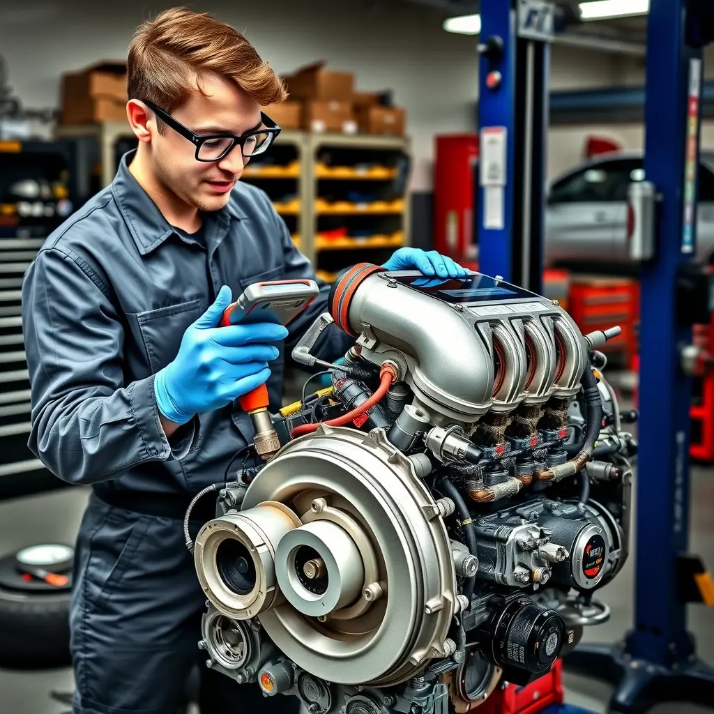A detailed, realistic scene of a mechanic repairing a JMC Vigus 2.0 Turbo gasoline engine (220 hp, model years 2016 onward) in a well-equipped garage. The engine is partially disassembled, showing the turbocharger, pistons, and fuel system. The mechanic, wearing a clean jumpsuit, gloves, and safety glasses, is using professional tools such as a torque wrench and diagnostic scanner. The background includes organized tool racks, a service lift, and subtle lighting that highlights the metallic surfaces and oil stains, emphasizing the technical nature of the repair.