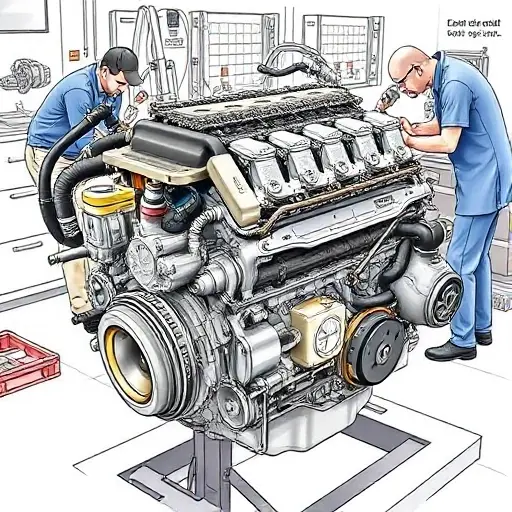 A detailed illustration of a Citroën DS3 1.6 VTi 120 hp engine undergoing a major overhaul. The engine should be shown with visible components, tools, and technicians working on it in a workshop setting. Focus on the engine block, cylinder head, and various mechanical parts.