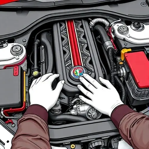 A detailed illustration of a mechanic's hands working on the engine of an Alfa Romeo Giulietta 1.4 TB 120hp from 2010-2020, showing engine components and tools, clean and professional automotive repair setting