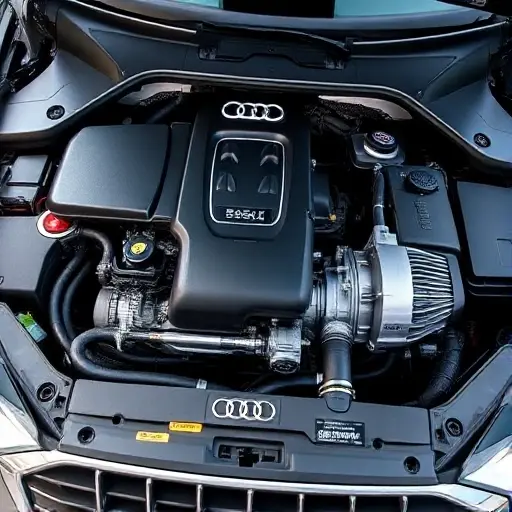 A detailed, realistic depiction of the engine bay of an Audi Q5 PHEV. The focus should be on the 2.0 TFSI engine and the electric motor, showcasing their components and connections. Include visible wiring, hoses, and other mechanical elements. The engine should appear clean and well-maintained. The overall lighting should be bright and highlight the engine's details. The background should be slightly blurred to emphasize the engine.