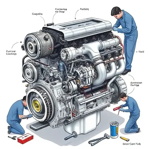 A detailed illustration of a Kia K5 2.5 Turbo engine undergoing a major overhaul. Focus on the engine block, turbocharger, and various components being inspected and repaired. Show tools and technicians working around the engine.