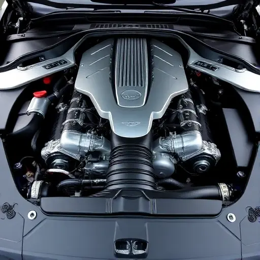 A detailed, high-quality image of the engine bay of a Aston Martin Rapide 5.9 L V12 470 л. Focus on the engine components, showcasing the intricate details of the V12 engine. The engine should be well-lit, highlighting the metallic surfaces and mechanical parts.