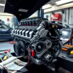 A detailed, high‑resolution illustration of a Volkswagen Amarok 2.0 BiTDI 180 hp diesel engine being repaired in a professional garage. The scene shows the engine block open, with mechanics' tools such as wrenches, diagnostic equipment, and a service manual spread nearby. The focus is on the intricate engine components—cylinders, turbocharger, fuel injectors, and wiring—highlighted with realistic lighting and reflections, conveying a technical, hands‑on repair environment.