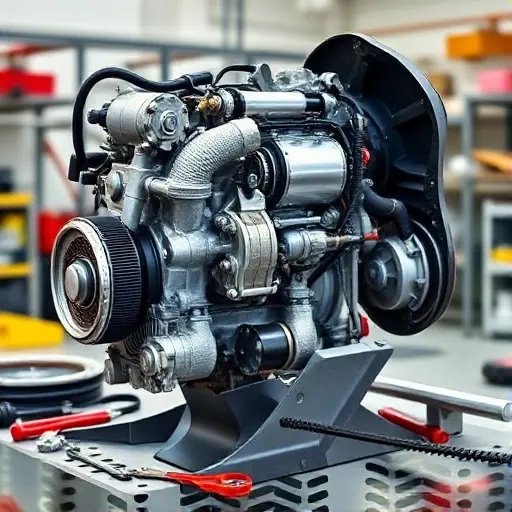 A detailed, high-quality image of a Fiat 500 0.9 TwinAir 85 hp engine undergoing a major repair. The engine should be shown partially disassembled, revealing the internal components. Focus on the mechanics of the repair, with tools and parts scattered around. The background should be a clean, well-lit workshop environment.