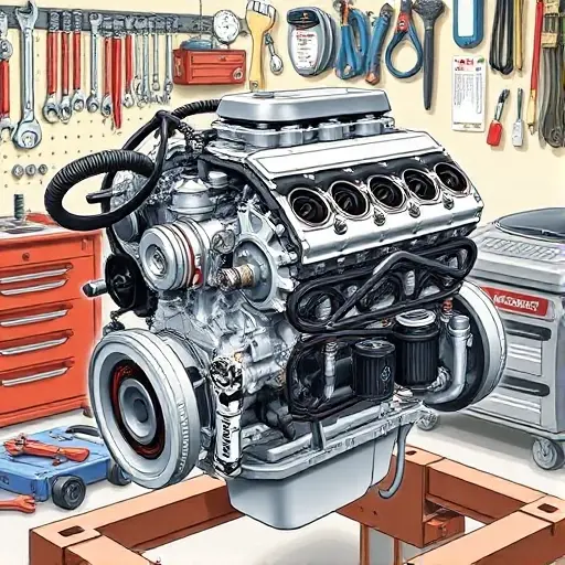 A detailed illustration of a Daewoo Nexia 1.5L 75hp engine undergoing a major overhaul. The engine should be shown with visible components like the cylinder head, pistons, crankshaft, and various belts and hoses. Tools such as wrenches, screwdrivers, and diagnostic equipment should be present in the background. The scene should depict a workshop environment with a clean, organized workspace.