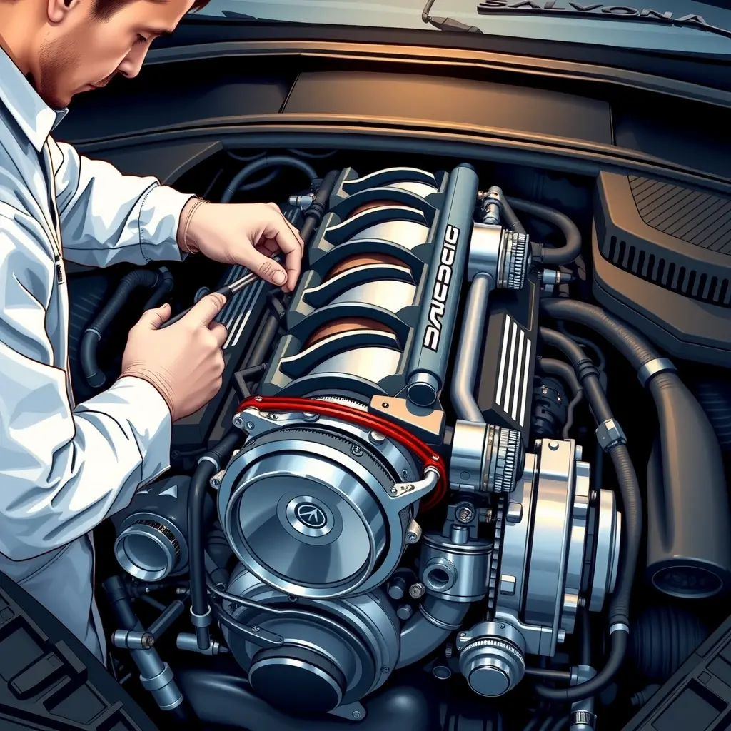 A detailed, realistic illustration of a mechanic performing engine repair on a Genesis G80 3.5 V6 Turbo engine (2020-present). The scene shows the open engine bay with the V6 turbocharged block, visible pistons, turbocharger, and surrounding components. The mechanic, wearing a clean uniform and gloves, is using tools to inspect the engine, with focus on the turbo and cylinder heads. The lighting highlights metallic surfaces and oil stains, emphasizing the technical nature of the repair.