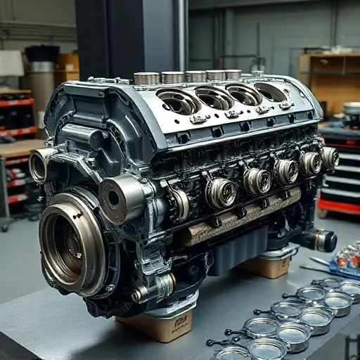 Close-up, high-resolution photograph of a Range Rover L322 3.6 TDV8 engine block during major overhaul: disassembled V8 diesel engine on a clean workshop bench, cylinder heads removed, pistons and crankshaft exposed, organized tools and new gaskets nearby, soft professional lighting, metallic textures, no people