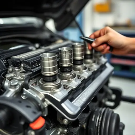 A close-up of a mechanic repairing a Citroën C3 1.2 PureTech engine, showing the engine block, pistons, and tools such as a torque wrench and screwdriver, with a clean workshop background and realistic lighting, no people in the frame