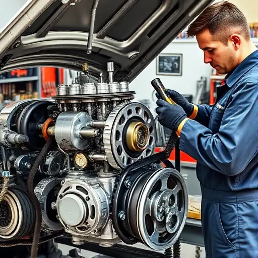A detailed, realistic illustration of a mechanic repairing the 1.5T 150 hp engine of a Brilliance V5 (2015–2018). The scene shows an open engine bay with the engine block exposed, various engine components such as pistons, crankshaft, and timing belt visible. The mechanic, wearing a protective coveralls and gloves, is using a torque wrench and a set of screwdrivers. The background includes a workbench with organized tools, a small toolbox, and a car chassis. The lighting is bright and focused on the engine area, highlighting the metallic surfaces and the intricate details of the engine parts. No text, letters, or digits are present in the image.