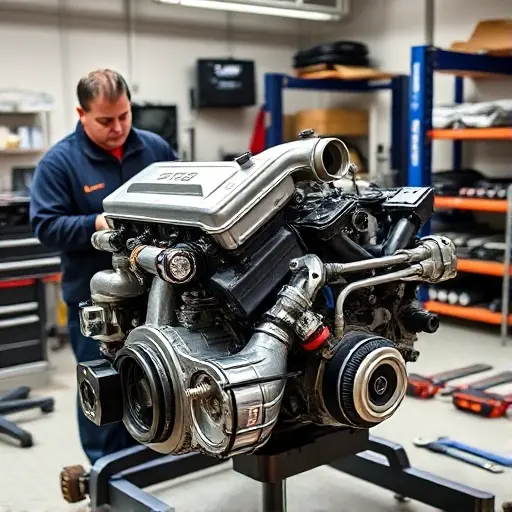 A detailed workshop scene showing a mechanic in a clean garage, carefully disassembling a Cadillac ATS 2.0 Turbo engine. The focus is on the engine block, turbocharger, and various tools such as wrenches, screwdrivers, and a torque wrench. The background includes a workbench, a hydraulic lift, and neatly arranged parts. The lighting is bright and focused on the engine area, highlighting the metallic surfaces and the intricate components.