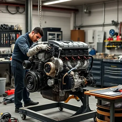 A detailed workshop scene showing a skilled mechanic repairing the 1.6T 204 hp engine of a Brilliance V7 car, with tools, engine block, and parts visible, realistic lighting, no text or lettering