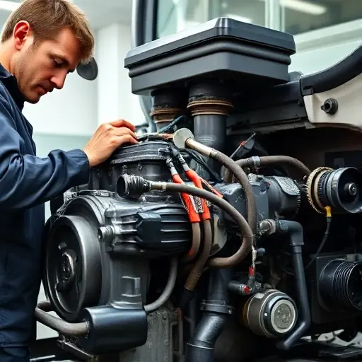 A detailed, high-quality image of a mechanic working on the engine of an Iveco Daily 3.0 diesel 180 hp vehicle. The engine should be clearly visible, showing the components and parts. The mechanic should be wearing appropriate safety gear and tools. The background should be a clean, well-lit workshop environment.